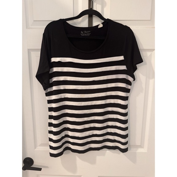 Chico's Tops - Chico's Black/Ecru Tiered Stripe Short Sleeve Top‎ Size 3 (16-18) XL Raw Edge